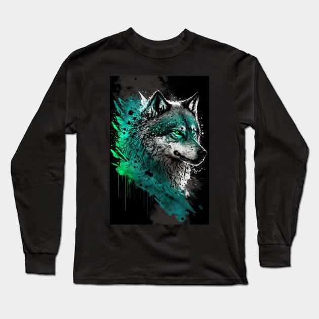 Cool Wolf portrait with green glow Long Sleeve T-Shirt by KoolArtDistrict